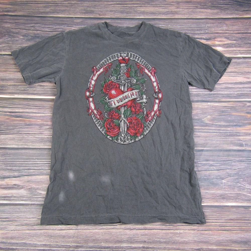 Affliction Graphic T-Shirt Mens M Gray Dagger Heart Roses Tattoo‎ Art Short Slv